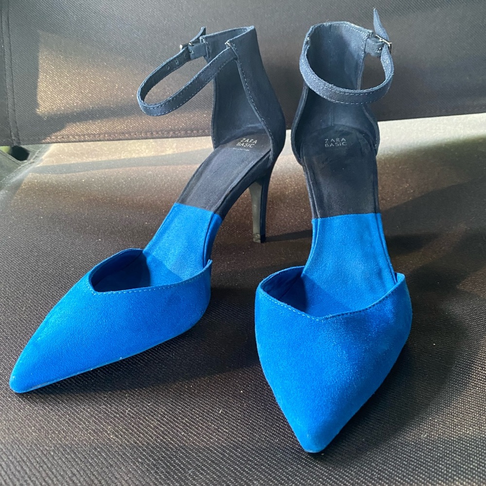 Zara Stiletto suade 8W 38EU Blue / Navy Color block ankle Heels